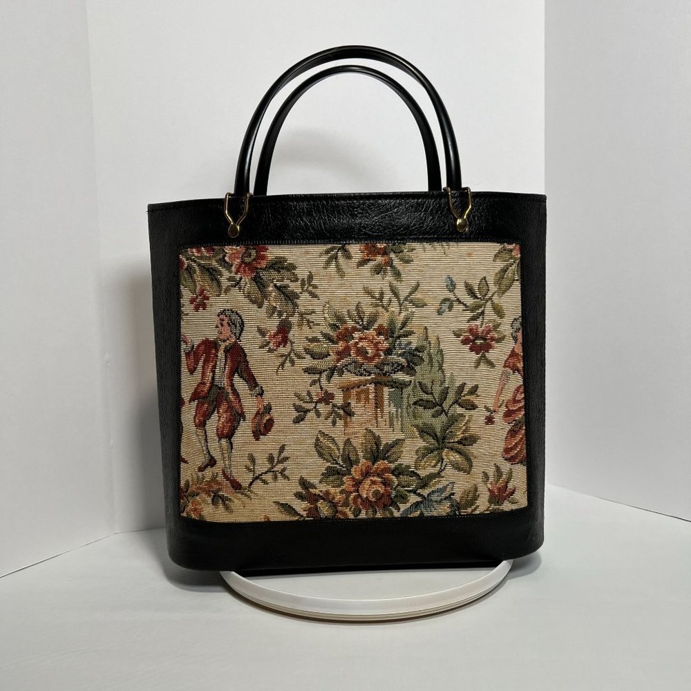 Vintage Handbag Black with Tapestry Front craft bag hard side purse granny bag